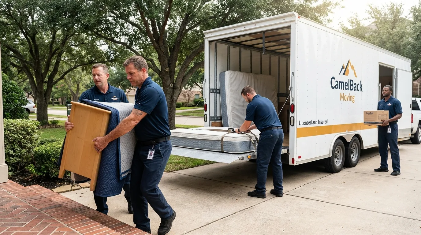 Crew loading residential truck for cross-state move from Beaumont, CA