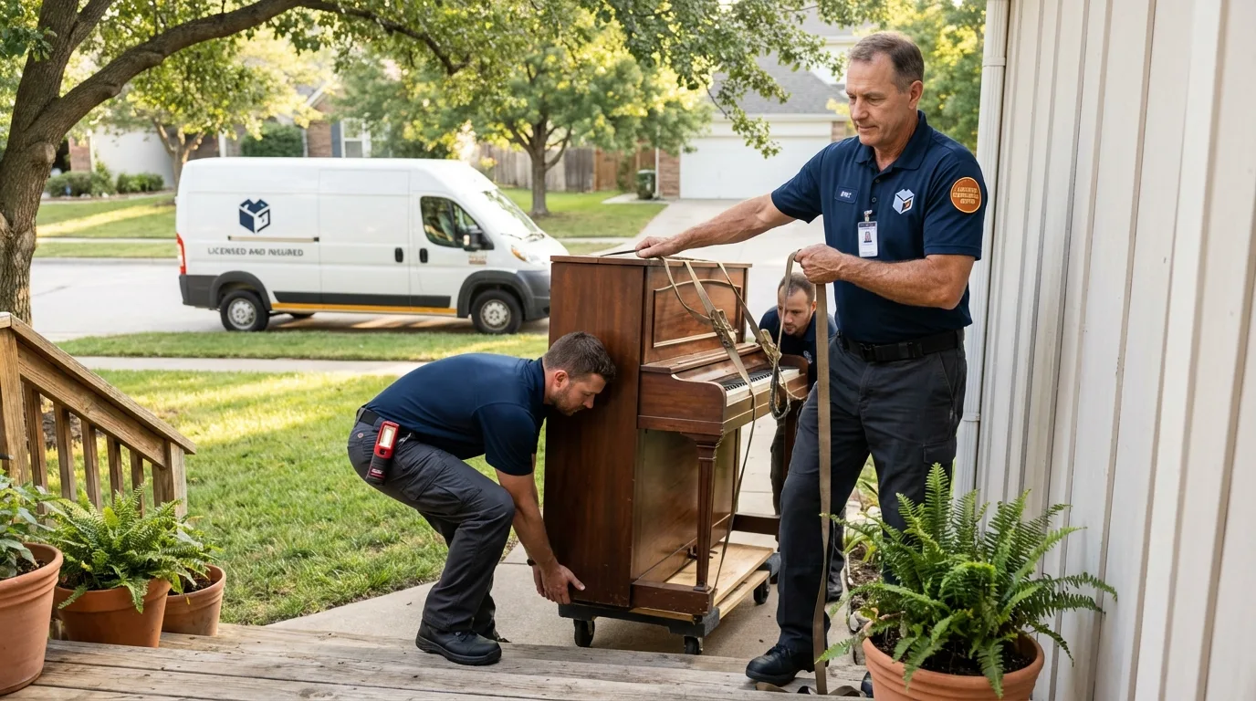 Licensed piano movers securing grand piano in Beaumont, CA