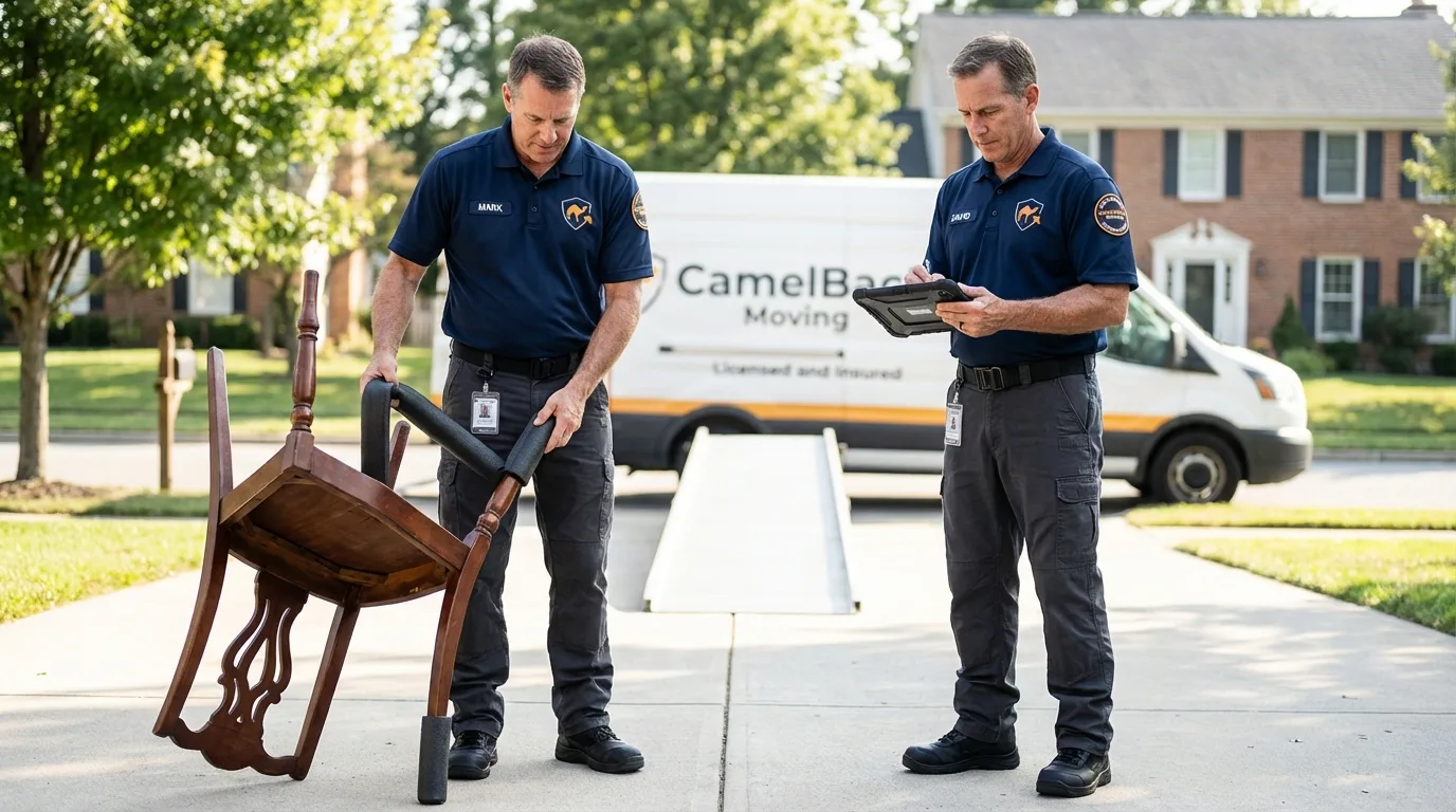 Movers inspecting furniture for damage prevention before loading in Beaumont, CA