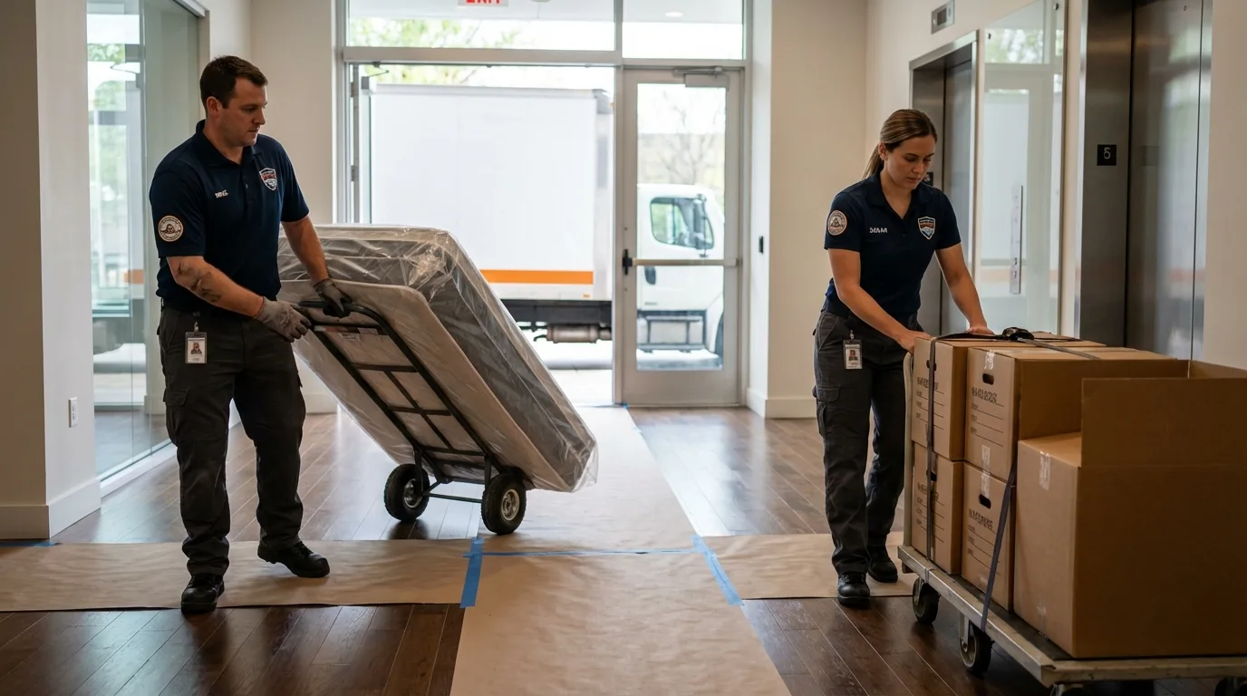 Professional apartment movers loading elevator in Beaumont, CA